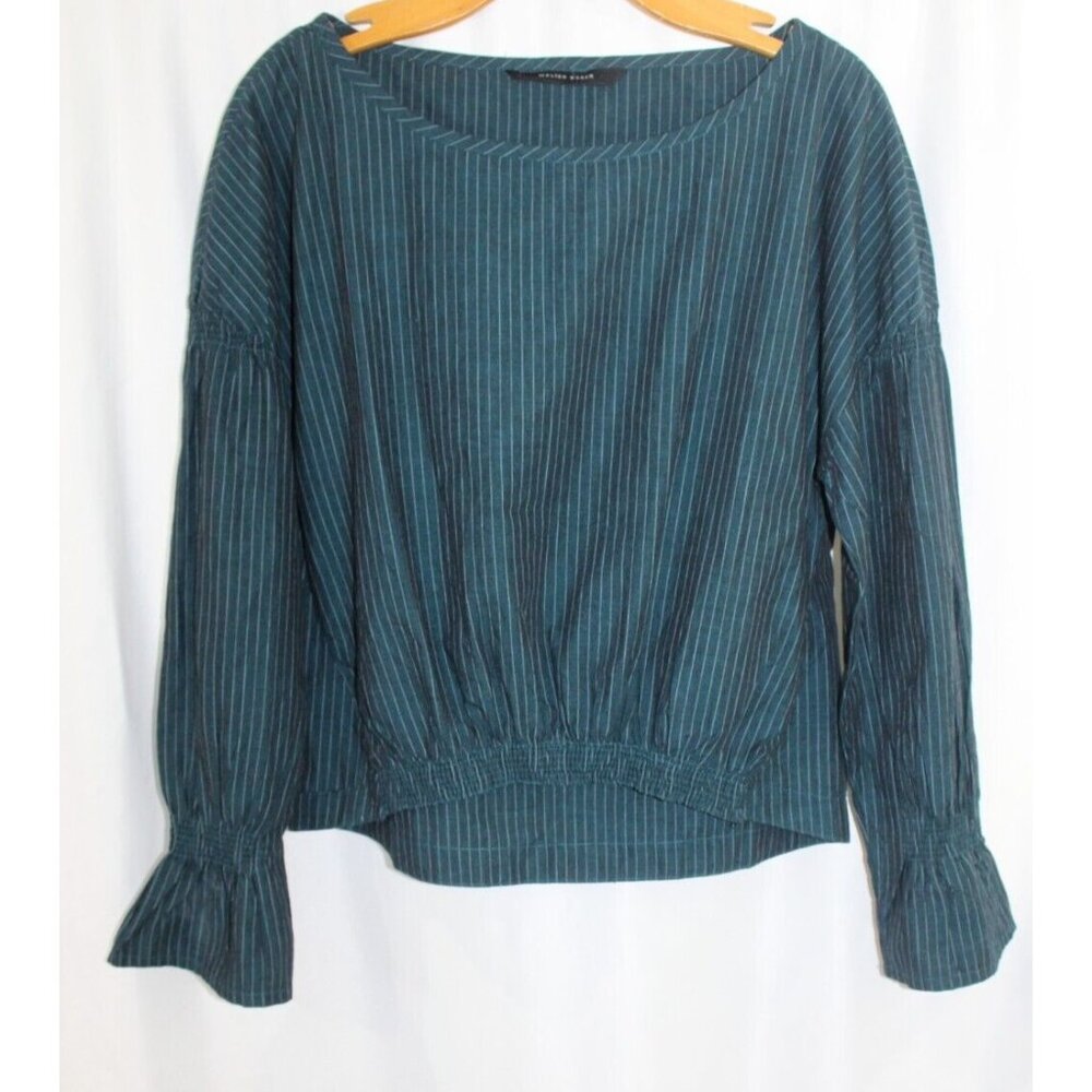 Walter Baker Womens Blue Green Pinstriped Flounce Sleeve Top Stretch Waist L?